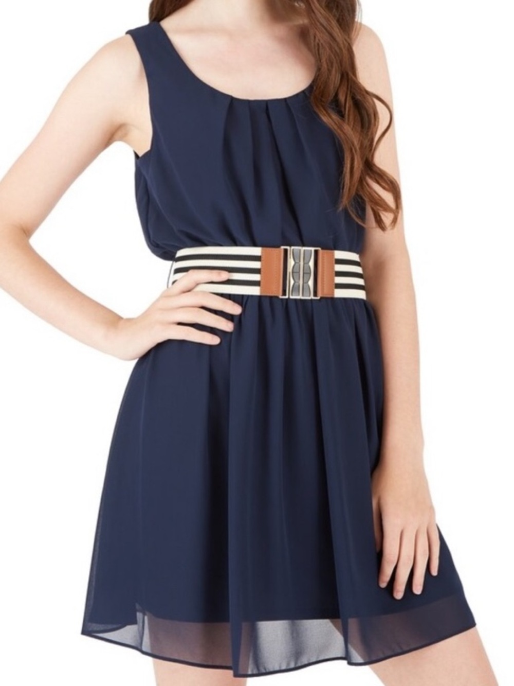 Iz Byer Navy Chiffon Mini Dress with Striped Belt Juniors